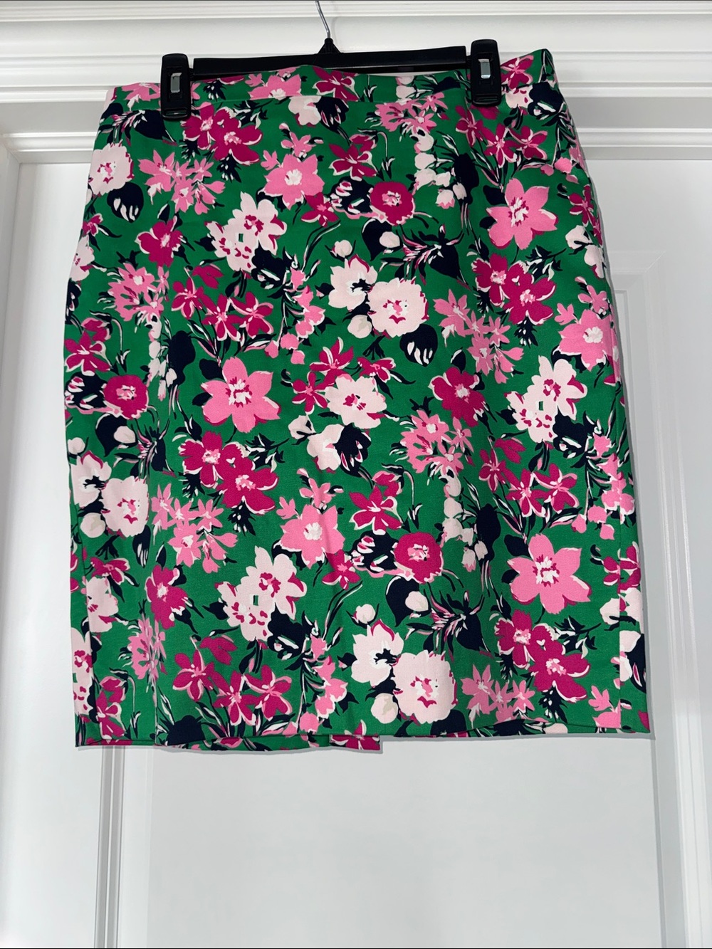 J. Crew Green Floral Pencil Skirt with Pink Blooms